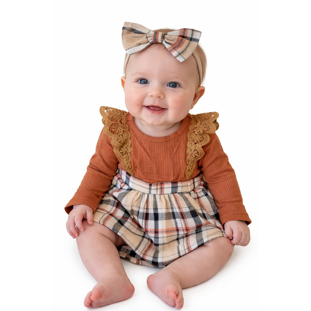 Baby Girl’s Long Sleeve Dress with Matching Bow–Brown Plaid–Size 6–9 Mos - NWOT